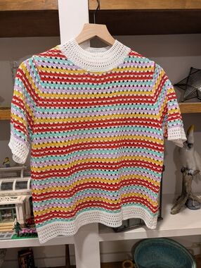 Rainbow Crochet Open Knit T-shirt Size Medium